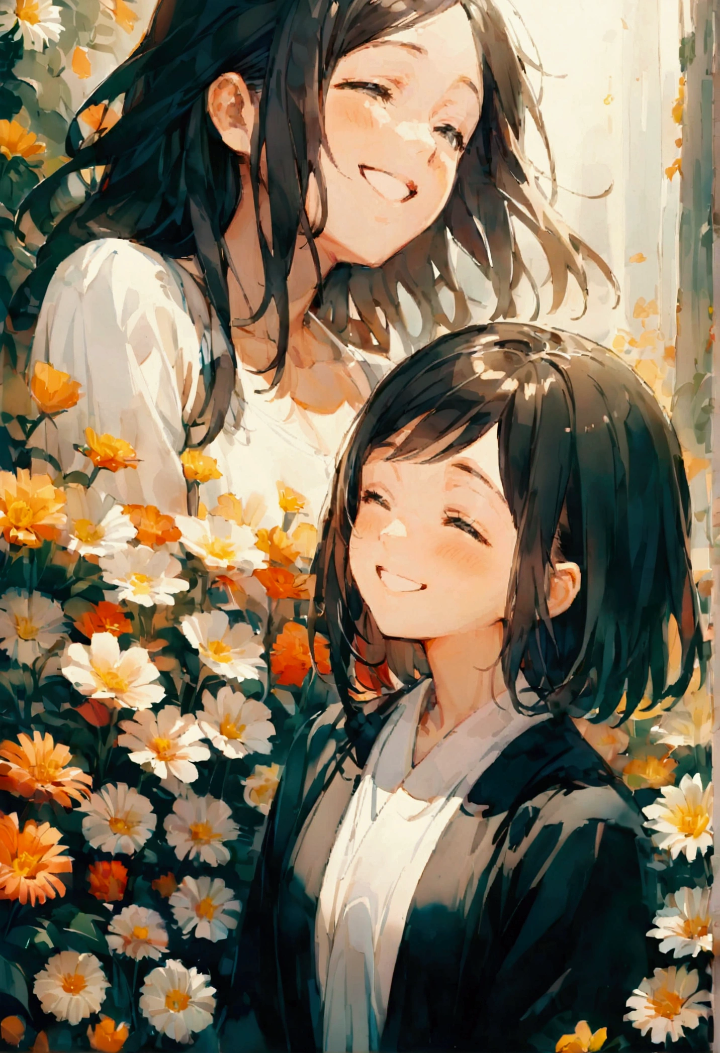 Surrounded by flowers,Flower side,One girl,Upper Body,smile,I&#39;m laughing so hard my eyes are closing,A big smile,Black Hair,long,Shiny Hair