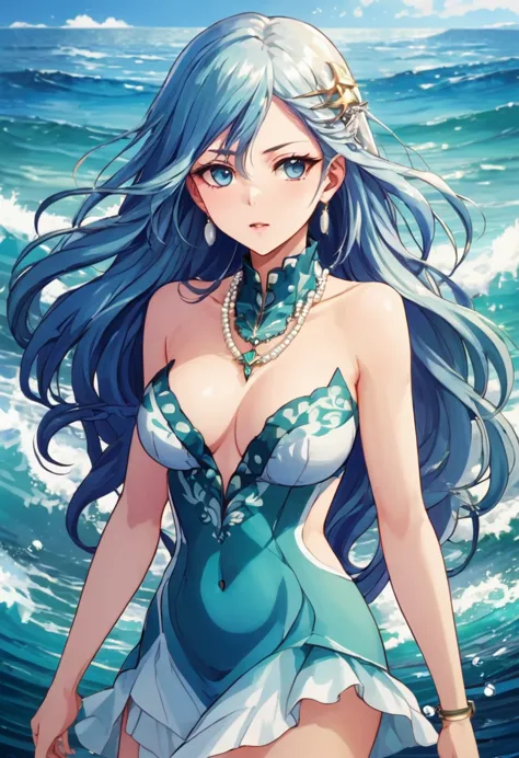 create a stunning anime girl inspired by the sea. imagine her with flowing, ocean-colored hair, perhaps adorned with shells or s...