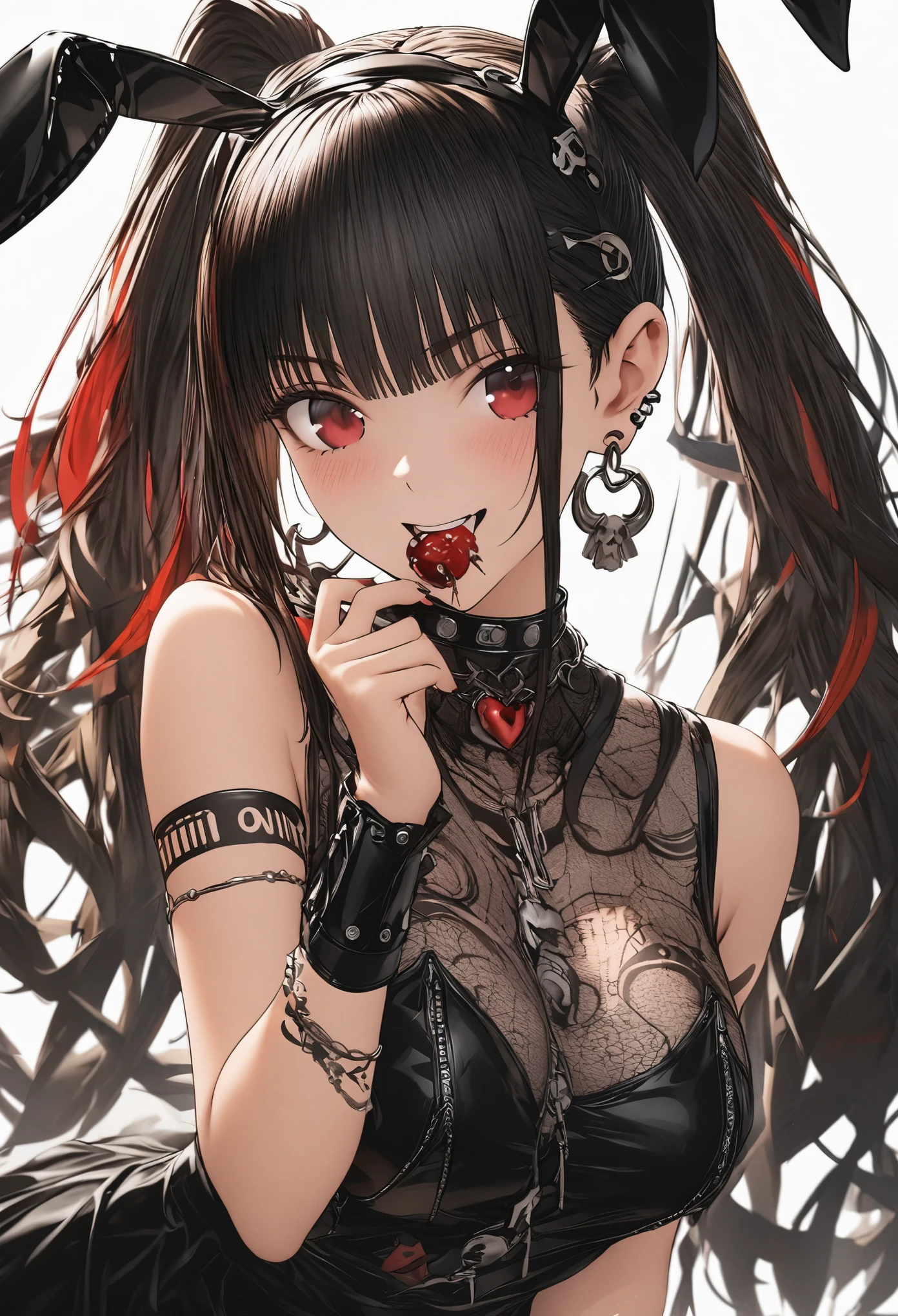 One Girl、Earrings、Tribal tattoo、GOTH design clothes、Line art、Put a candy on a stick in your mouth、Background red、Octane Rendering Style、Bunny earasterpiece, best quality, extremely detailed CG unity 8k wallpaper, Cowboy Shot