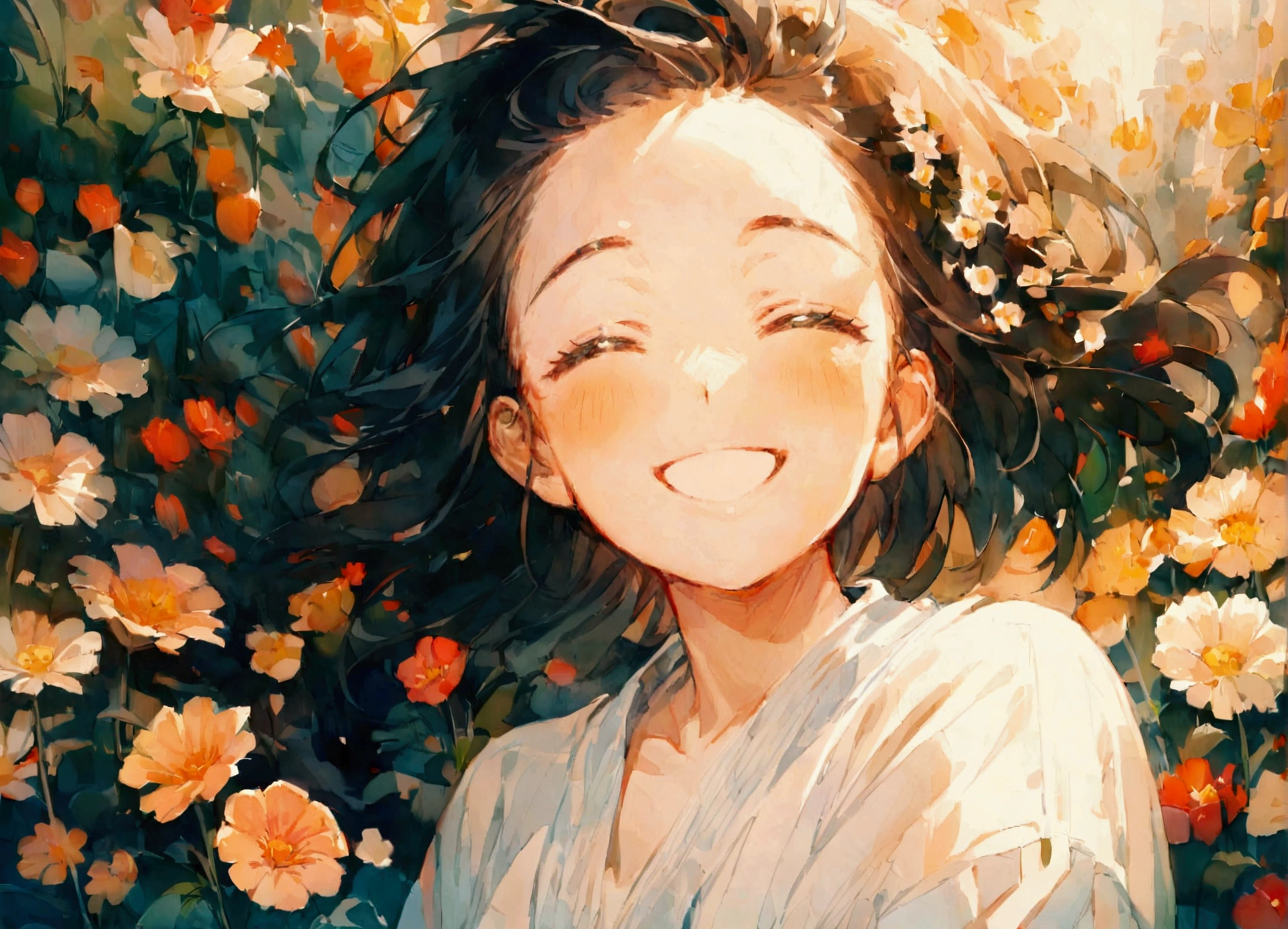 Surrounded by flowers,Flower side,One girl,Upper Body,smile,I&#39;m laughing so hard my eyes are closing,A big smile,Black Hair,long,Shiny Hair