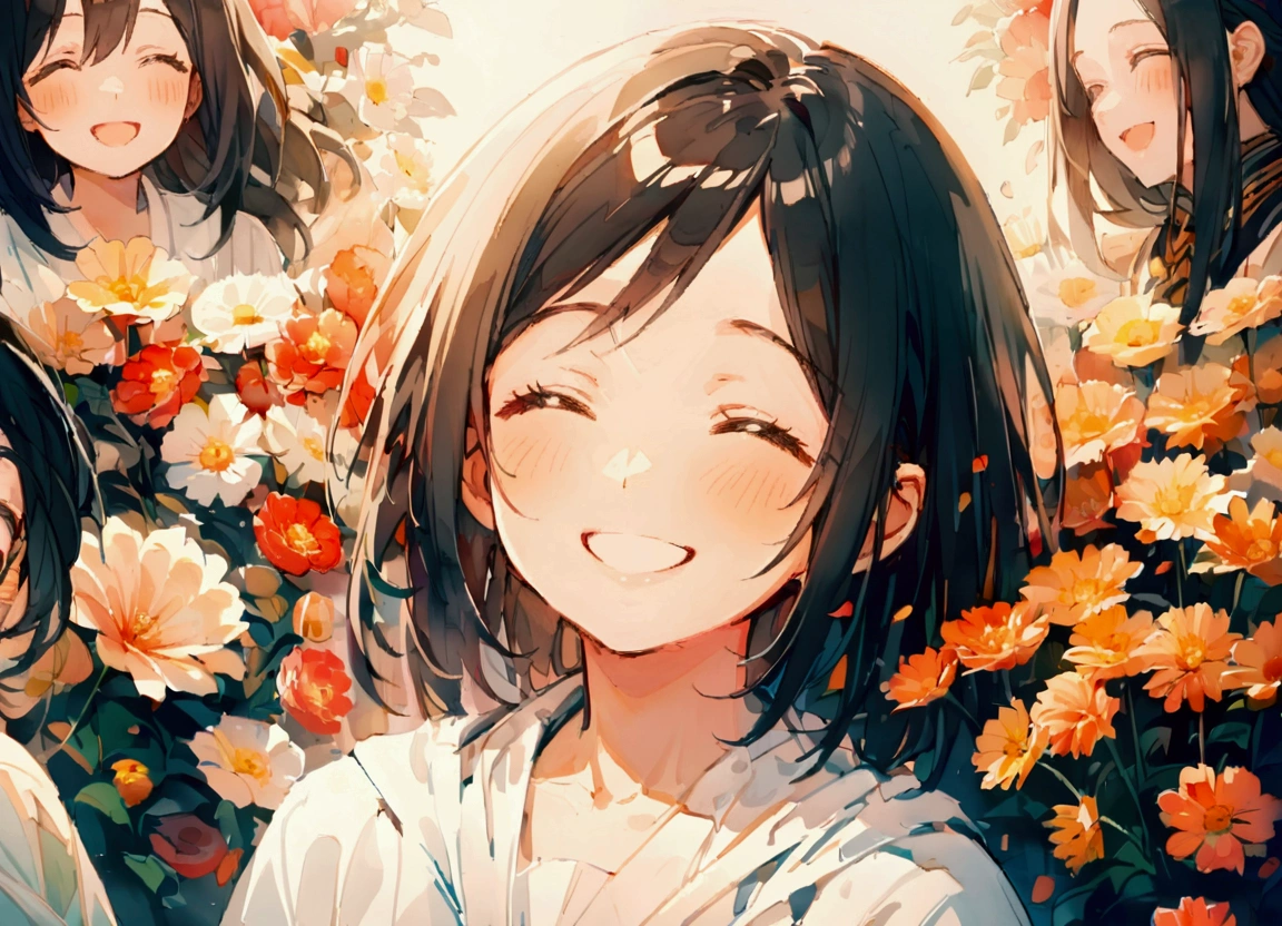 Surrounded by flowers,Flower side,One girl,Upper Body,smile,I&#39;m laughing so hard my eyes are closing,A big smile,Black Hair,long,Shiny Hair