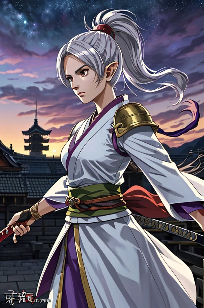 Highest quality，High resolution， ((DQ10)) ，（Elf），Martial Artist，（gun），One person，warrior，（white_coat），purple，kimono，woman，One personで，ponytail，strongest，Anime Style，（Night Sky_background），(Limbs)，(Full Finger)，(Accurate fingertips), (The finer details), (Super detailed)，(Japanese sword:)，4K，(high resolution)，whole body, (Front angle), Looking at the camera,masterpiece，(Subtle details)，(Intricate details)，Octane Rendering，(Hyper Detail)，