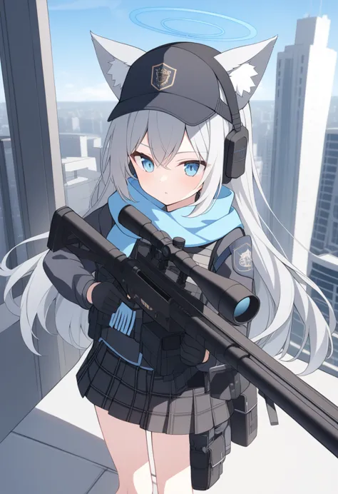 girl，silver long hair, blue eyes, wear body armor,wearing a black mask，a sky blue scarf, black gloves, and black plaid skirt, on...