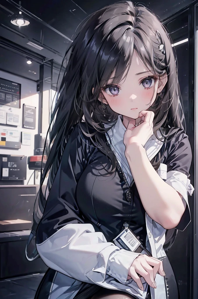 1 Girl:1.3), Solitary, __body parts__ Delicate and realistic skin, Pale skin, Large target, Official Art, Unity 16K Wallpaper, Ultra Detailed, beauty, masterpiece, best quality, Awesome atmosphere, Calming color palette, A calm mood, Soft shadows, Airline stewardess, charm，Large Breasts，Black tights，Police Uniform