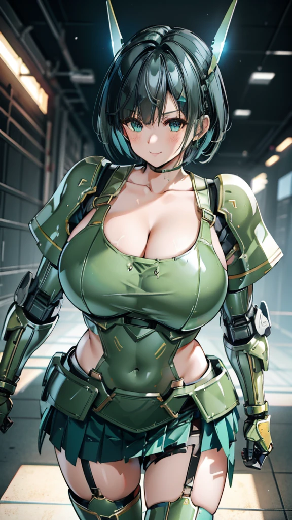 Military green translucent armor，Arm mecha，light blue short hair，Braided hairstyle，Large Breasts，Cleavage，Pistol hanging from waist，fighter pilot，fighter hangar，Sexy，Lipstick，miss，Golden Eyes，stockings，Short skirt，Smile