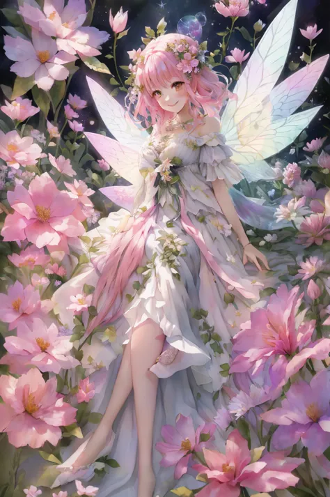 anime smiling girl with pink hair and white dress sitting in a field of flowers, space flower fairy, beautiful fairy, 🌺 cgsociet...