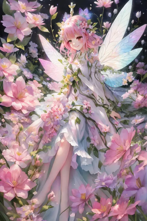 anime smiling girl with pink hair and white dress sitting in a field of flowers, space flower fairy, beautiful fairy, 🌺 cgsociet...