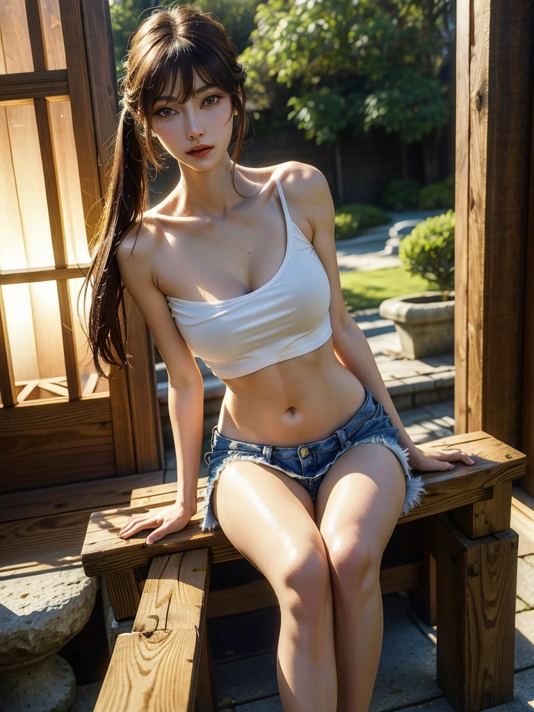 (yor), (Best quality, 8k, Masterpiece :1.3), (realistic, photorealistic: 1.37), (1girl), (slim), (Japanese), (random pose), (wet body), (long hair, random hairstyle), (outdoors), (Ultra-detailed face), (Detailed eyes), (Double eyelids), (eyeshadow intensifying), (many eyelashes), (professional lighting), (photon mapping), (radiosity), (looking directly at viewer), (full bodyesbian), (legs are open), (With a cropped T-shirt), (Slim figure), (Slim girl model), (25 years old female model), (gigantic cleavage breasts) (No bra, No top, Bare chest), 