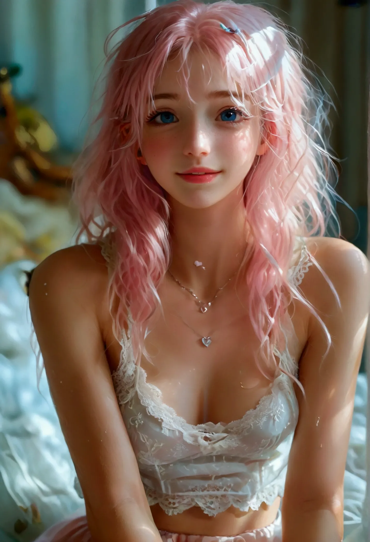 a girl, white skin, young, long pink hair, messy hair, thin arms, small mouth, small nose, small breasts, pink skirt, transparen...
