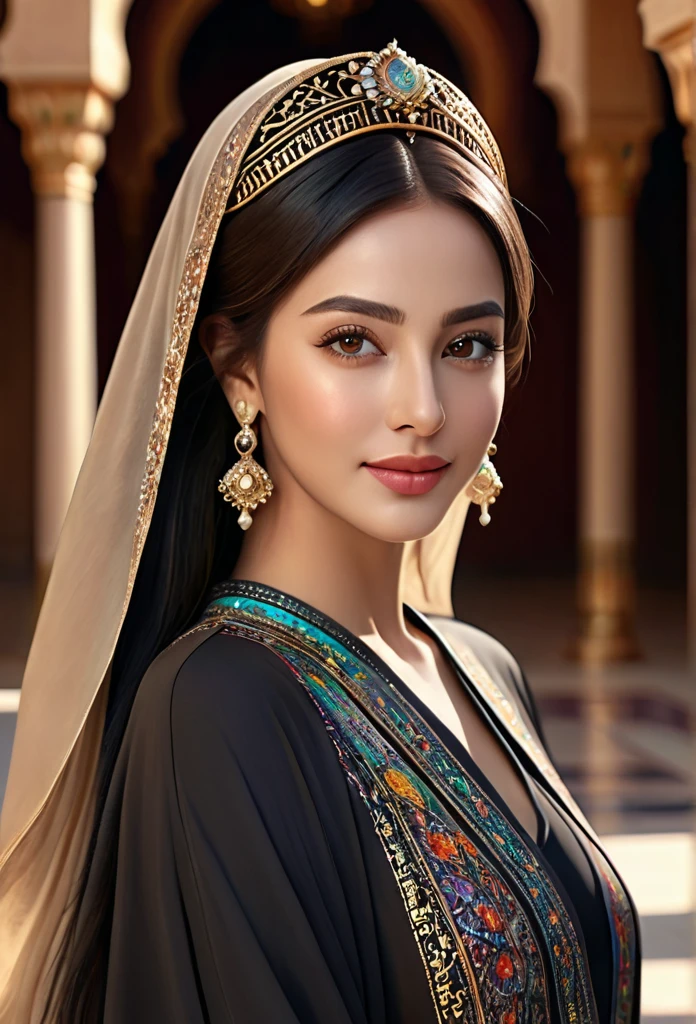 desert princess、Arabian woman、Wearing a gorgeous abaya、Transcendently beautiful、Ideal proportions、Elegant appearance、smile、Bold composition、Looking at the audience、Desert and luxurious palaces、Perfect proportions、(Highest quality、4K、8K、High resolution、masterpiece:1.2)、Super detailed、(Real、Photorealistic、Photorealistic:1.37)、HDR、uhd、Studio Lighting、Ultra-fine painting、Sharp focus、Physically Based Rendering、Extremely detailed depiction、professional、Bright colors、Bokeh、Portrait、realism