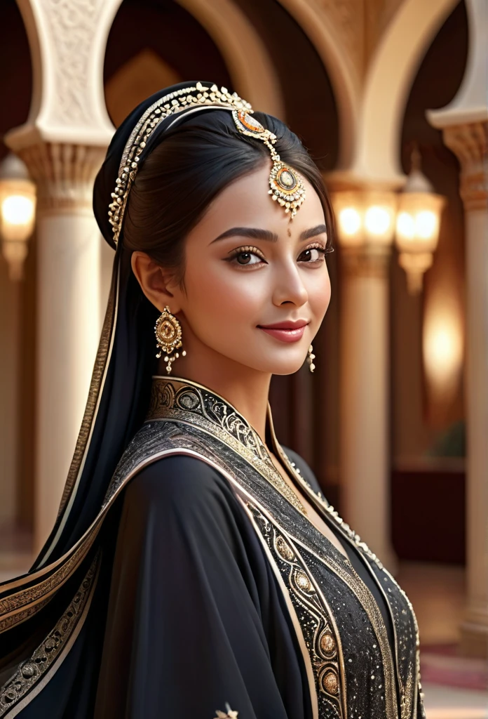 desert princess、Arabian woman、Wearing a gorgeous abaya、Transcendently beautiful、Ideal proportions、Elegant appearance、smile、Bold composition、Looking at the audience、Desert and luxurious palaces、Perfect proportions、(Highest quality、4K、8K、High resolution、masterpiece:1.2)、Super detailed、(Real、Photorealistic、Photorealistic:1.37)、HDR、uhd、Studio Lighting、Ultra-fine painting、Sharp focus、Physically Based Rendering、Extremely detailed depiction、professional、Bright colors、Bokeh、Portrait、realism