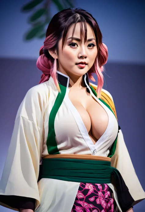 sexy asian woman, big breasts, mitsuri character outfit from demon slayer, anime expo event background