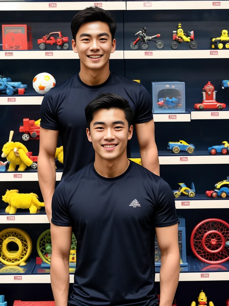 single: 1.5, (ที่TRUEแล้ว, Masterpiece, 8k HD, good light quality, sportswear, to fit the face, complicated details), A handsome Korean man with muscular arms.. , 20 years old, be happy, smile brightly, detailed face, delicate eyes, look at the sky, Wear a navy tight T-shirt..:1.6 ,Wear a denim coat.., Jeans era, black eyes, Black hair color, ผมsmooth, smooth，SurTRUE，Excellent details，Highest quality，TRUE，Open your mouth to talk.. , Close your eyes.., (standing in a toy store:1.5)