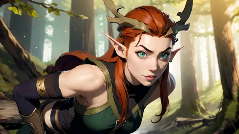 sexy female elf. red hair, druid, sexy pose, action pose