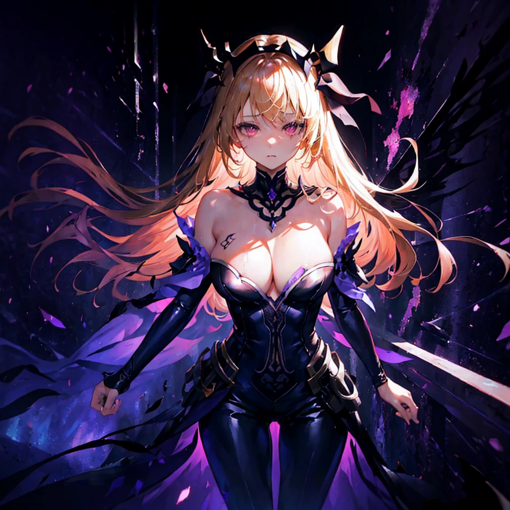 (1 girl, standing alone, AngelT), pink eyes, blonde hair with purple tips, long straight hair, black pants, partially nude, tempting outfit, tattoo marks on the body, wings, gaping mouth, looking ahead at viewer, eyes wide open, confused expression, black goddess, Veil on head, sleeveless divine outfit,ultra realistic skin, breasts big, air of mystique