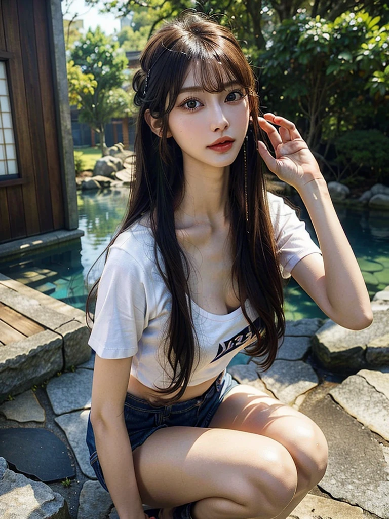 (yor), (Best quality, 8k, Masterpiece :1.3), (realistic, photorealistic: 1.37), (1girl), (slim), (Japanese), (random pose), (wet body), (long hair, random hairstyle), (outdoors), (Ultra-detailed face), (Detailed eyes), (Double eyelids), (eyeshadow intensifying), (many eyelashes), (professional lighting), (photon mapping), (radiosity), (looking directly at viewer), (full bodyesbian), (legs are open), (With a cropped T-shirt), (Slim figure), (Slim girl model), (25 years old female model), (gigantic cleavage breasts) (No bra, No top, Bare chest), 