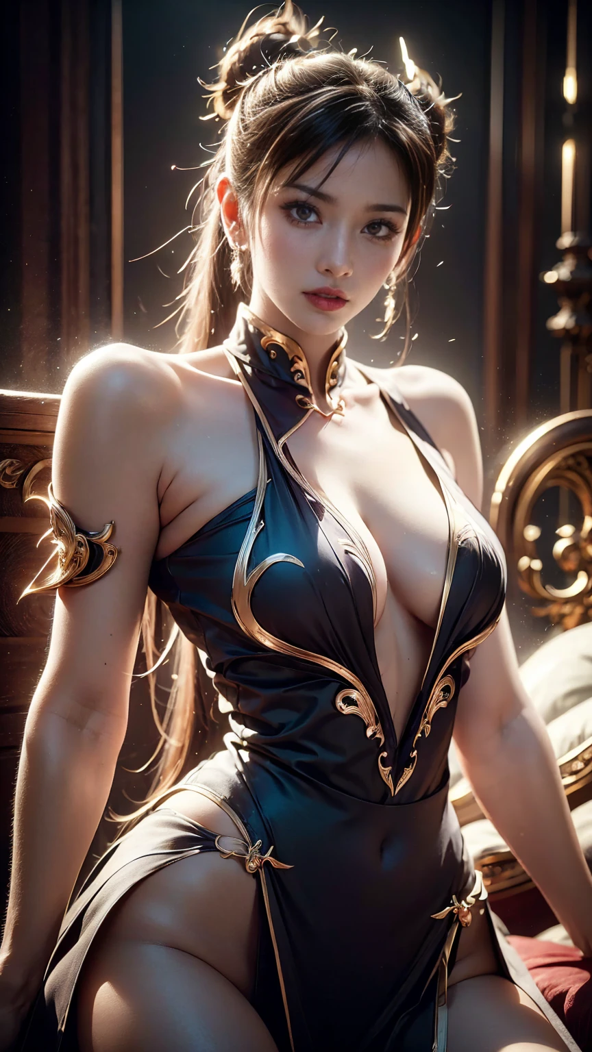 Create a hyper-realistic 傑作 of sexy Chun-Li, 美麗女神, 最好的品質, 傑作, 超高解析度, (逼真的:1.4), 原始照片, 1個女孩, 露肩, 在黑暗中, 深陰影, 低調, 冷光