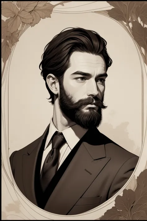 art style, thick ink lines, Portrait, Masterpiece, man, wearing a brown suit, The beard is very short., Very short dark brown ha...