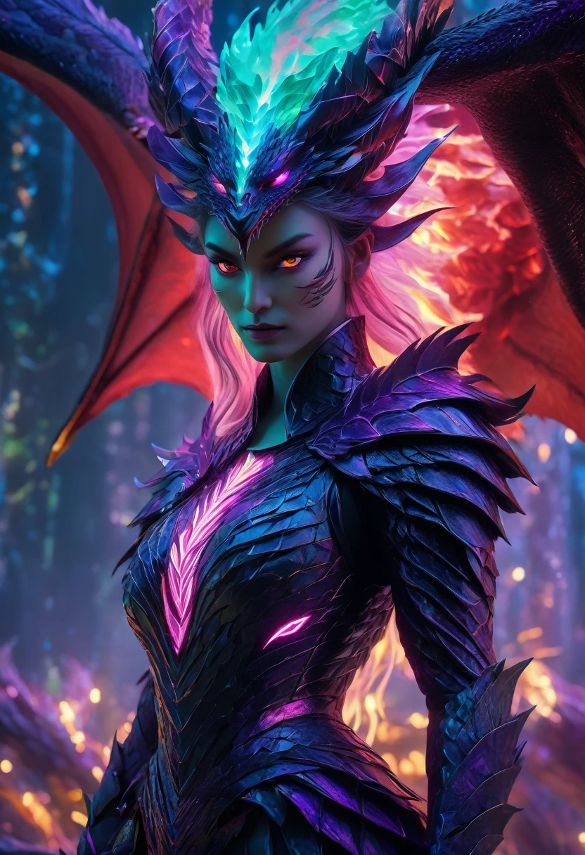 Masterpiece, best quality :1.3), ultra-detailed, intricate, 8k, HDR, wallpaper, dynamic action, colorful color scheme, ((full body, looking into the camera)), Dragon Woman, (detailed red eyes, scale-covered face, jagged mouth), dead scales, black, purple, neon green, ominous glow, glowing, ghostly fire-colored eyes, wing patterns reminiscent of interlocking computer code, bone fragments protruded from the wings, Eerie auras, glowing runes, sharp claws, spectral hues, drifting lights, mythical creatures, dragon ears