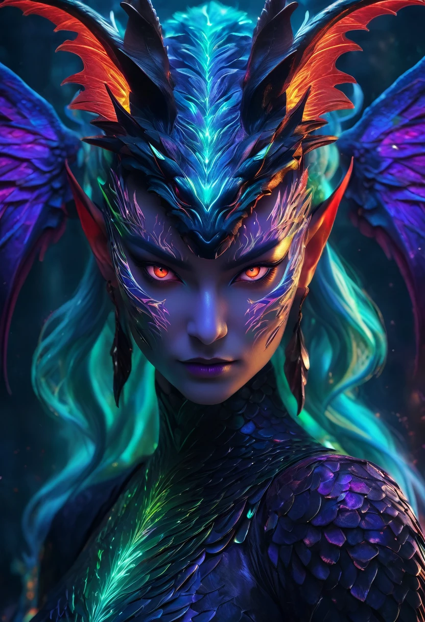 Masterpiece, best quality :1.3), ultra-detailed, intricate, 8k, HDR, wallpaper, dynamic action, colorful color scheme, ((full body, looking into the camera)), Dragon Woman, (detailed red eyes, scale-covered face, jagged mouth), dead scales, black, purple, neon green, ominous glow, glowing, ghostly fire-colored eyes, wing patterns reminiscent of interlocking computer code, bone fragments protruded from the wings, Eerie auras, glowing runes, sharp claws, spectral hues, drifting lights, mythical creatures, dragon ears