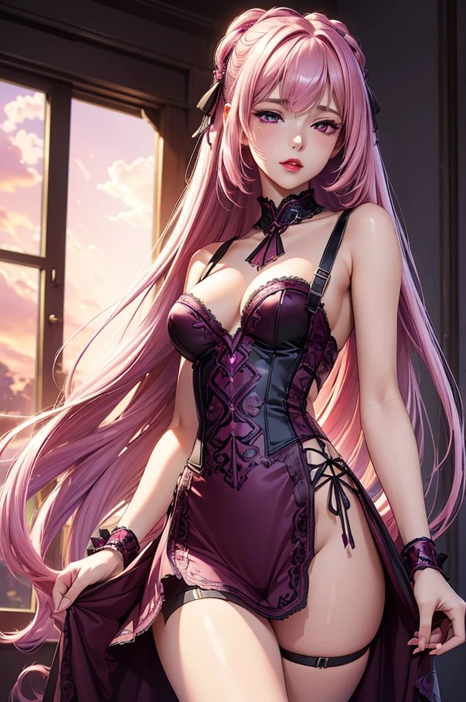 (best quality,8k,High resolution,masterpiece:1.2),Digital artwork, a girl，Delicate face，exquisite eyes，Pink hair，Long straight hair，glowing purple eyes，red lips，Suspenders, High-quality CG, feminine pose, Goethe style