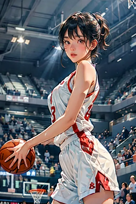 ((female basketball player))、young and beautiful girl、美しい顔のdetailedな描写、alone、(scence of slam dunk)、(dunk shot)、(jumping chute)、g...