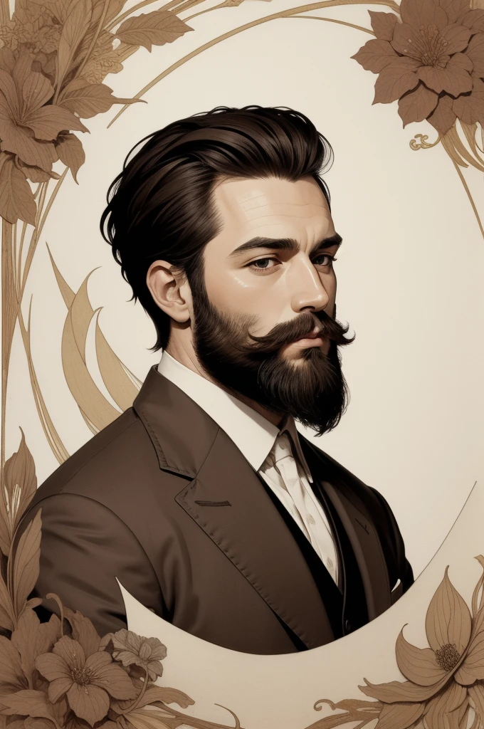 art style, thick ink lines, Portrait, Masterpiece, man, wearing a brown suit, The beard is very short., Very short dark brown hair, The background is old WANTED paper.