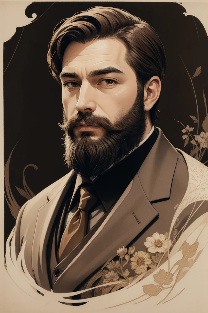 art style, thick ink lines, Portrait, Masterpiece, man, wearing a brown suit, The beard is very short., Very short dark brown hair, The background is old WANTED paper.