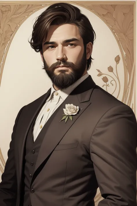 art style, thick ink lines, Portrait, Masterpiece, man, wearing a brown suit, The beard is very short., Very short dark brown ha...