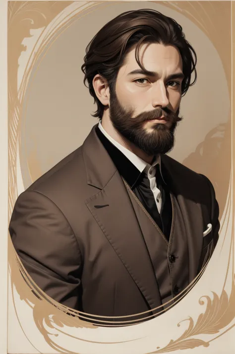 art style, thick ink lines, Portrait, Masterpiece, man, wearing a brown suit, The beard is very short., Very short dark brown ha...