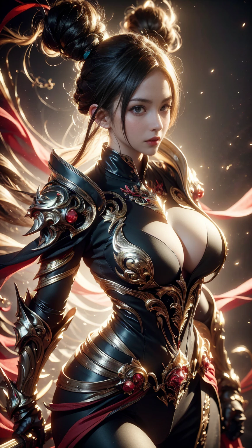 Game art，The best picture quality，Highest resolution，8K，(A bust photograph)，(Portrait)，(Head close-up)，(Rule of thirds)，Unreal Engine 5 rendering works， (The Girl of the Future)，(Female Warrior)， 
20-year-old girl，((Hunter))，An eye rich in detail，(Big breasts)，Elegant and noble，indifferent，brave，
（Medieval-style fur combat clothing，Glowing magic lines，Animal skin clothing with rich detailedieval Lady Knight，Medieval ranger，
photo poses，simple background，Movie lights，Ray tracing，Game CG，((3D Unreal Engine))，OC rendering reflection pattern