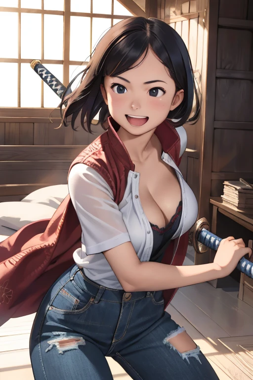 masterpiece, Highest quality, Adult women,Very detailed,Black eyes,European facial structure,,Natural Beauty,Cinematic,Breasts are moderately sized 10.0,An expression of joy,Open Mouth Smile,T-shirt and denim pants,Cleavage,Samurai Sword Drawing Technique 1000.0,A samurai unsheathing his sword 1000.0,The length of the sheath is 1.5 m,Powerful and powerful pose 5.0,Extremely fine and intricate detail,Skilled Technology,Low posture,