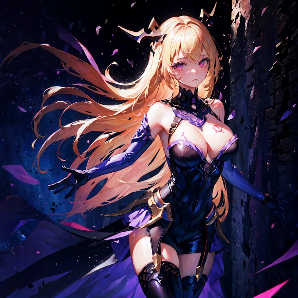 (1 girl, standing alone, AngelT), pink eyes, blonde hair with purple tips, long straight hair, black pants, partially nude, tempting outfit, tattoo marks on the body, wings, gaping mouth, looking ahead at viewer, eyes wide open, confused expression, black goddess, Veil on head, sleeveless divine outfit,ultra realistic skin, breasts big, air of mystique,4K, ultra realistic skin