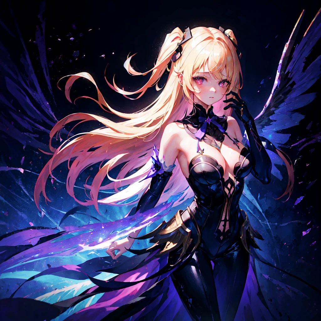 (1 girl, standing alone, AngelT), pink eyes, blonde hair with purple tips, long straight hair, black pants, partially nude, tempting outfit, tattoo marks on the body, wings, gaping mouth, looking ahead at viewer, eyes wide open, confused expression, black goddess, Veil on head, sleeveless divine outfit,ultra realistic skin, breasts big, air of mystique,4K, ultra realistic skin