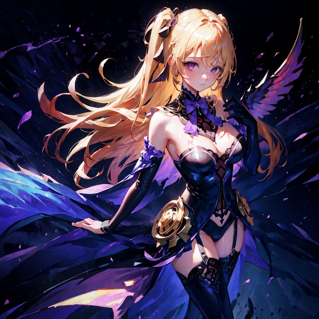 (1 girl, standing alone, AngelT), pink eyes, blonde hair with purple tips, long straight hair, black pants, partially nude, tempting outfit, tattoo marks on the body, wings, gaping mouth, looking ahead at viewer, eyes wide open, confused expression, black goddess, Veil on head, sleeveless divine outfit,ultra realistic skin, breasts big, air of mystique,4K, ultra realistic skin