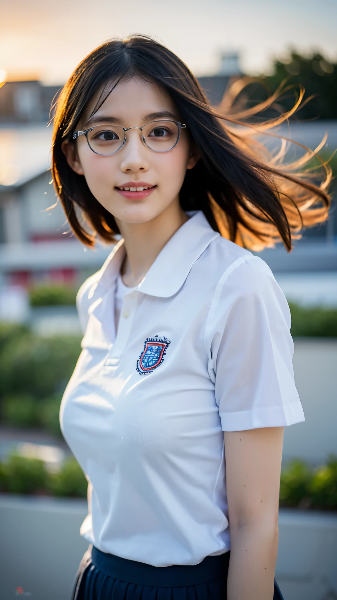 RAW photo, 1 girl, incredibly absurd, beautiful girl, (cute), (techno cut short bob hair), Depth of written boundary, High resolution, Super detailed, (delicate), very detailed, highly detailed eyes and face, sharp pupils, realistic student, sharp focus, cinematic lighting, Eye and face details, (School uniform:1.2), Cowboy Shot Full Body, (wind lift:1.7), (Sunset), shy smile, looking at the camera, (Big breasts that are about to burst), Close-up, perfect body, Windows seen from below, High School, intelligent glasses