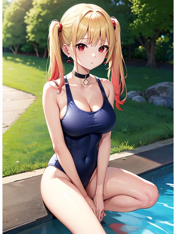 Photo taken outside the pool,Photograph the whole body,One girl、Marine Kitagawa, Masuzu Kitagawa Popochichi, Blonde Hair, Choker, Ear Piercing, 珰, Medium Hair,Twin tails,Wearing piercings, (Red Eyes:1.5), Straight Hair, Swept bangs, Gradient Hair,Blonde to pink hair,Beautiful Skin,Big Breasts,Cleavage,School Swimsuit,Navy blue swimsuit,Swimsuit,Swimsuit