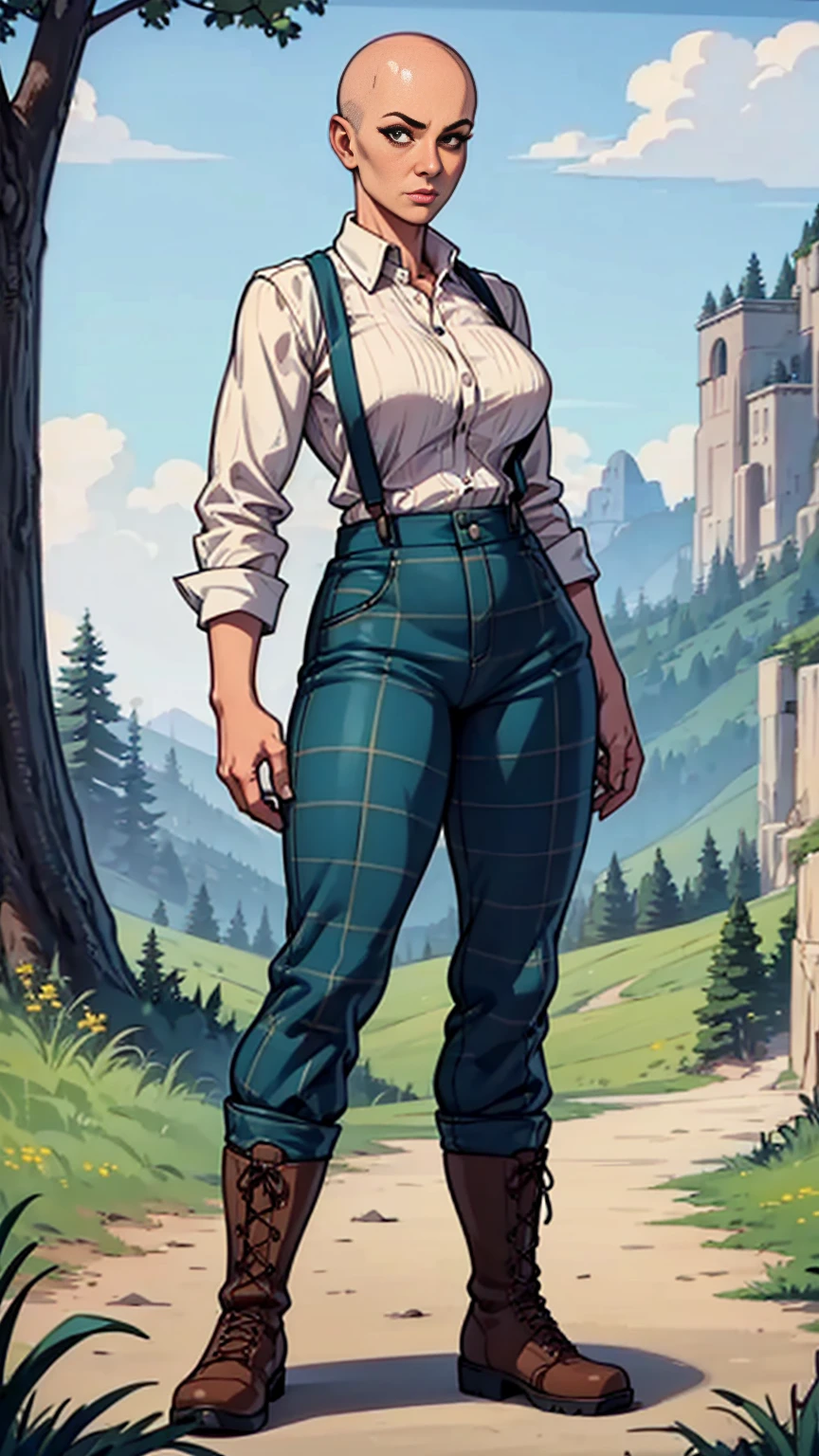 digital art, highly detailed, reference sheet, standing pose, feminine features, mature woman, adult female, muscular figure, whole body, bald, form-fitting, lumberjack outfit, flannel shirt, folded sleeves, suspenders, long pants, hiker boots, 1woman, solo, upper body, lower body, ((Extremely Detailed)), ((Best Quality)), ((Masterpiece)), ((4k)).
