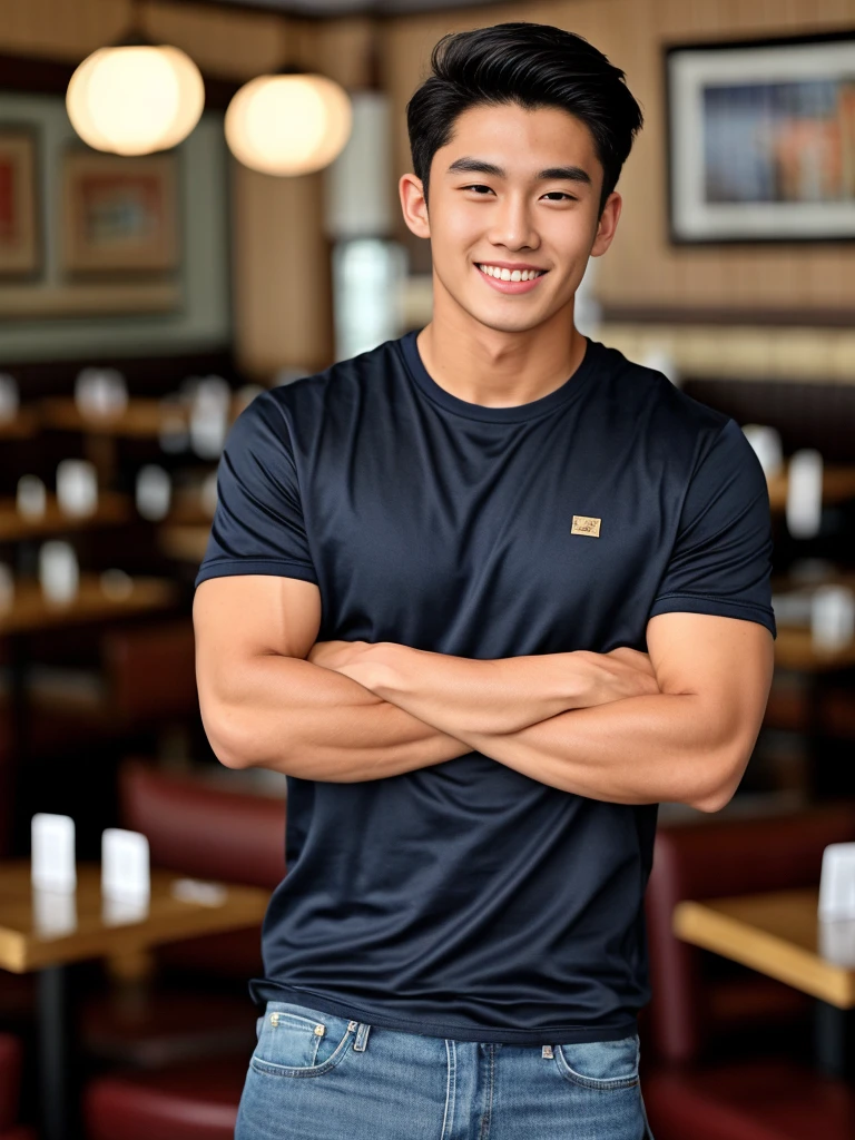 single: 1.5, (ที่TRUEแล้ว, Masterpiece, 8k HD, good light quality, sportswear, to fit the face, complicated details), A handsome Korean man with muscular arms.. , 20 years old, be happy, smile brightly, detailed face, delicate eyes, look at the sky, Wear a navy tight T-shirt..:1.6 ,Wear a denim coat.., Jeans era, black eyes, Black hair color, ผมsmooth, smooth，SurTRUE，Excellent details，Highest quality，TRUE，Open your mouth to talk.. , Close your eyes.., (Standing in a restaurant:1.5)