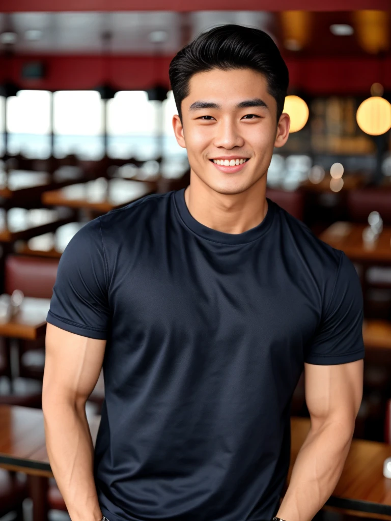 single: 1.5, (ที่TRUEแล้ว, Masterpiece, 8k HD, good light quality, sportswear, to fit the face, complicated details), A handsome Korean man with muscular arms.. , 20 years old, be happy, smile brightly, detailed face, delicate eyes, look at the sky, Wear a navy tight T-shirt..:1.6 ,Wear a denim coat.., Jeans era, black eyes, Black hair color, ผมsmooth, smooth，SurTRUE，Excellent details，Highest quality，TRUE，Open your mouth to talk.. , Close your eyes.., (Standing in a restaurant:1.5)