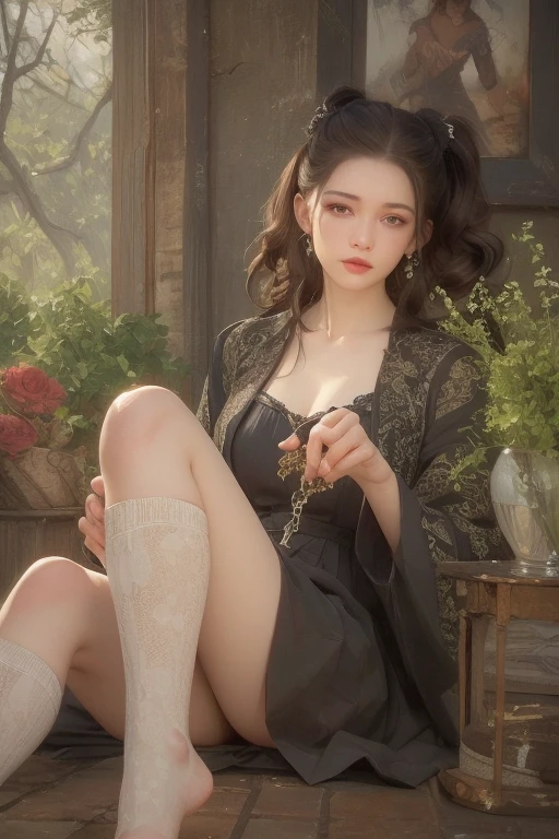 A girl with big eyes, excited expression, dark gothic makeup, double eyelids, eyes prone to black eyes, long eyelashes, wearing a gothic dress with knee-high socks and twin tail hair, beautiful and detailed eyes, beautiful and dense lips, high resolution face, long eyelashes, cinematic composition, (best quality,4K,8K,highres,masterpiece:1.2),ultra-detailed,(realistic,photorealistic,photo-realistic:1.37), sitting 、moisturizing skin, sweaty, barefoot, in ecstasy, embarrassed, blushing, distorted facial expressions, flowing tears, soaking wet, chained, in a room with stained glass,Gothic luxury room、Rose flower、