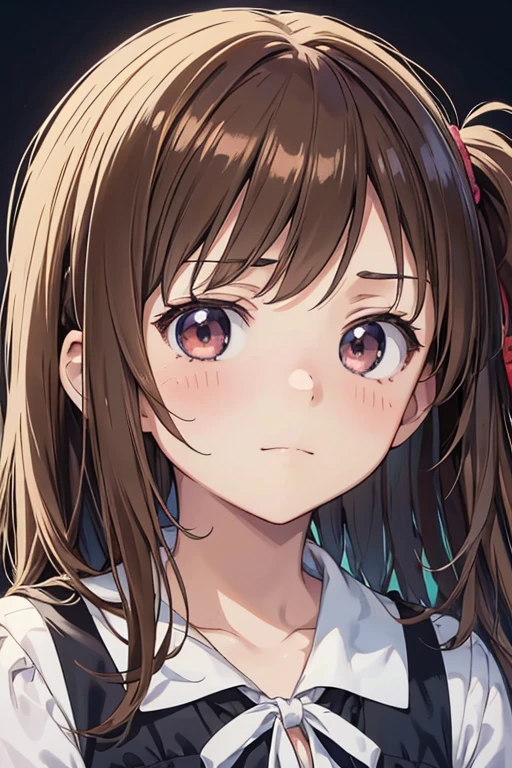 Simple Background,(anime:1.3),Detailed face,Detailed explanation,1girl,close up face,Brown hair,Two Side Up,(faint smile:1.3),Detailed hair,(Sidelong and Upward glance:1.2),(loli)