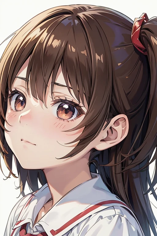 Simple Background,(anime:1.3),Detailed face,Detailed explanation,1girl,close up face,Brown hair,Two Side Up,(faint smile:1.3),Detailed hair,(Sidelong and Upward glance:1.2),(loli)