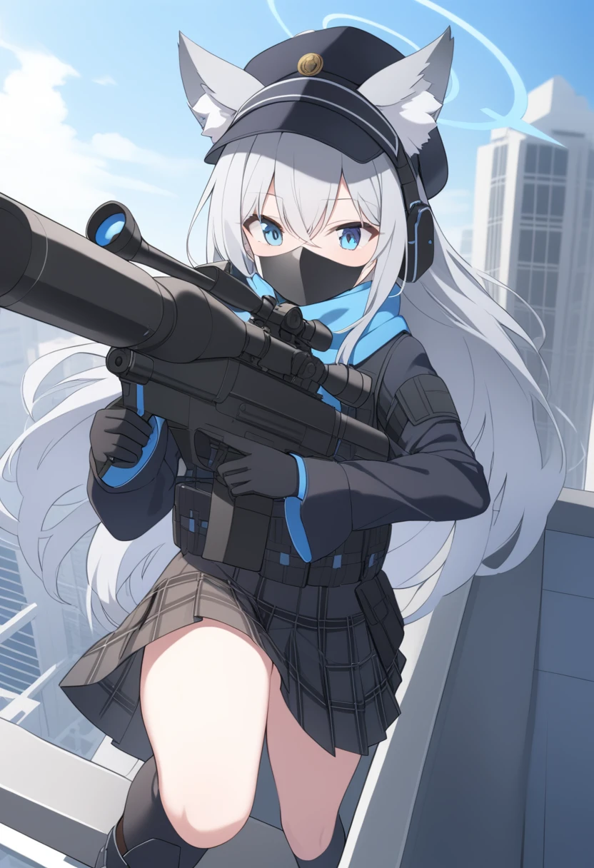 girl，Silver long hair, blue eyes, Wear body armor,Wearing a black mask，A sky blue scarf, Black gloves, And black plaid skirt, On the rooftop of a high-rise building，blue halo，Black Hat，Gray wolf ears，Holding a Sniper rifle and aiming，With tactical headsets