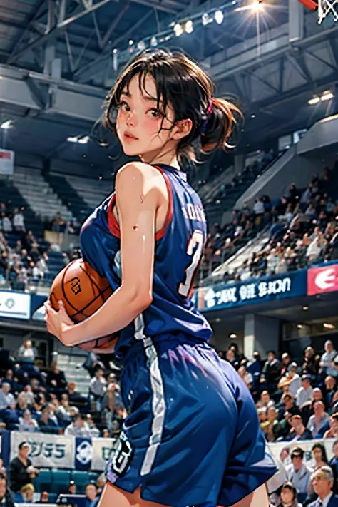 ((female basketball player))、young and beautiful girl、美しい顔のdetailedな描写、alone、(scence of slam dunk:1.4)、(dunk shot:1.4)、(jumping ...