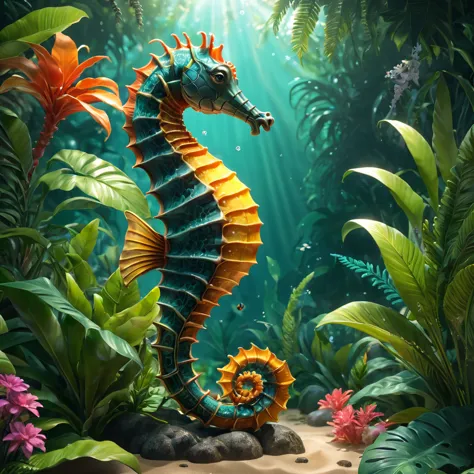 seahorse，futuristic jungle background，masterpiece，（highly detailed cg unity 8k wallpaper），（best quality），（best illustration awar...