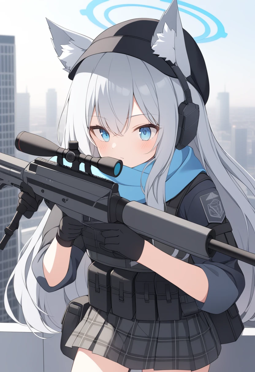 girl，Silver long hair, blue eyes, Wear body armor,Wearing a black mask，A sky blue scarf, Black gloves, And black plaid skirt, On the rooftop of a high-rise building，blue halo，Black Hat，Gray wolf ears，Holding a Sniper rifle and aiming，With tactical headsets