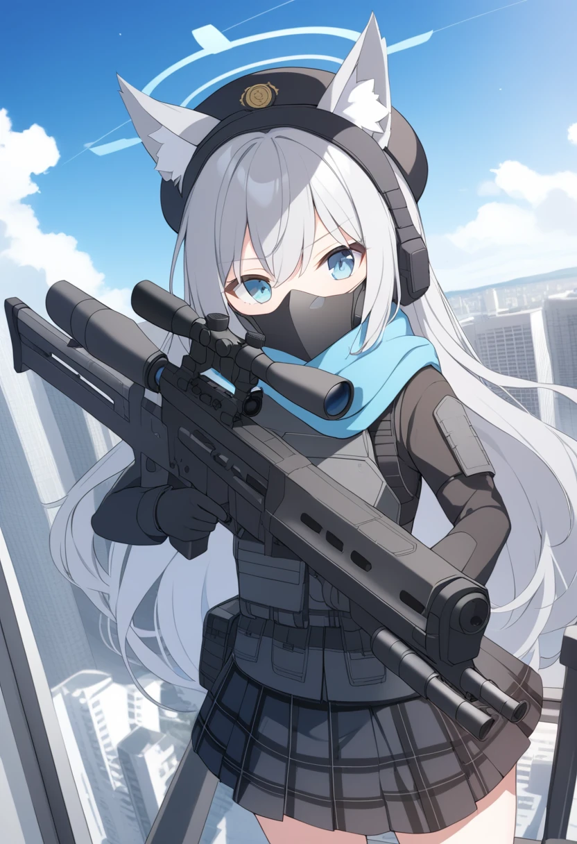 girl，Silver long hair, blue eyes, Wear body armor,Wearing a black mask，A sky blue scarf, Black gloves, And black plaid skirt, On the rooftop of a high-rise building，blue halo，Black Hat，Gray wolf ears，Holding a Sniper rifle and aiming，With tactical headsets