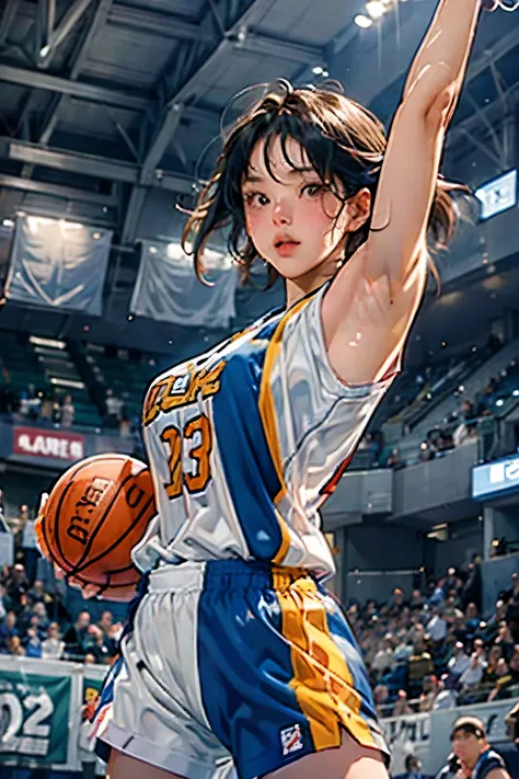 ((female basketball player))、young and beautiful girl、美しい顔のdetailedな描写、alone、(scence of slam dunk:1.4)、(dunk shot:1.4)、(jumping ...