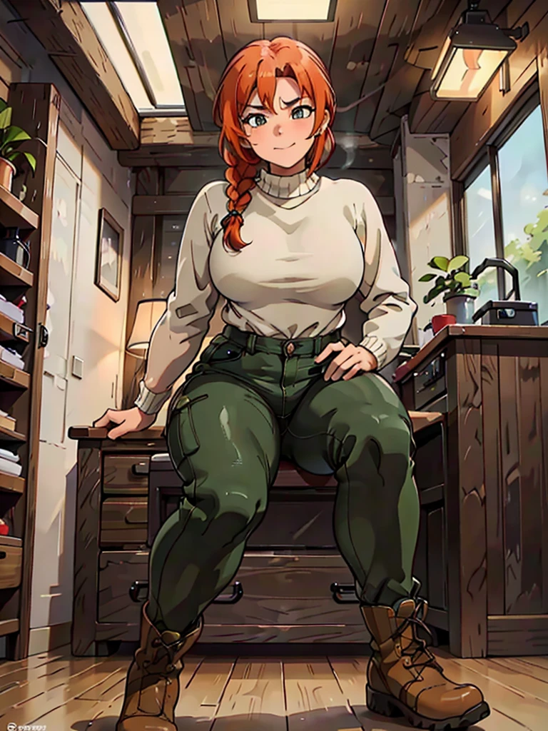 (best quality,4k,8k,highres,masterpiece:1.2),ultra-detailed,realistic:1.37,portrait, very sexy   girl lesbian redhead, braided hair, beautiful green eye, seductive, warm sweater,  unzipped camouflage pants, army boots, smirking, cozy lighting, vibrant colors. Futanari, lewd,    night, crotesc ,  erotic 